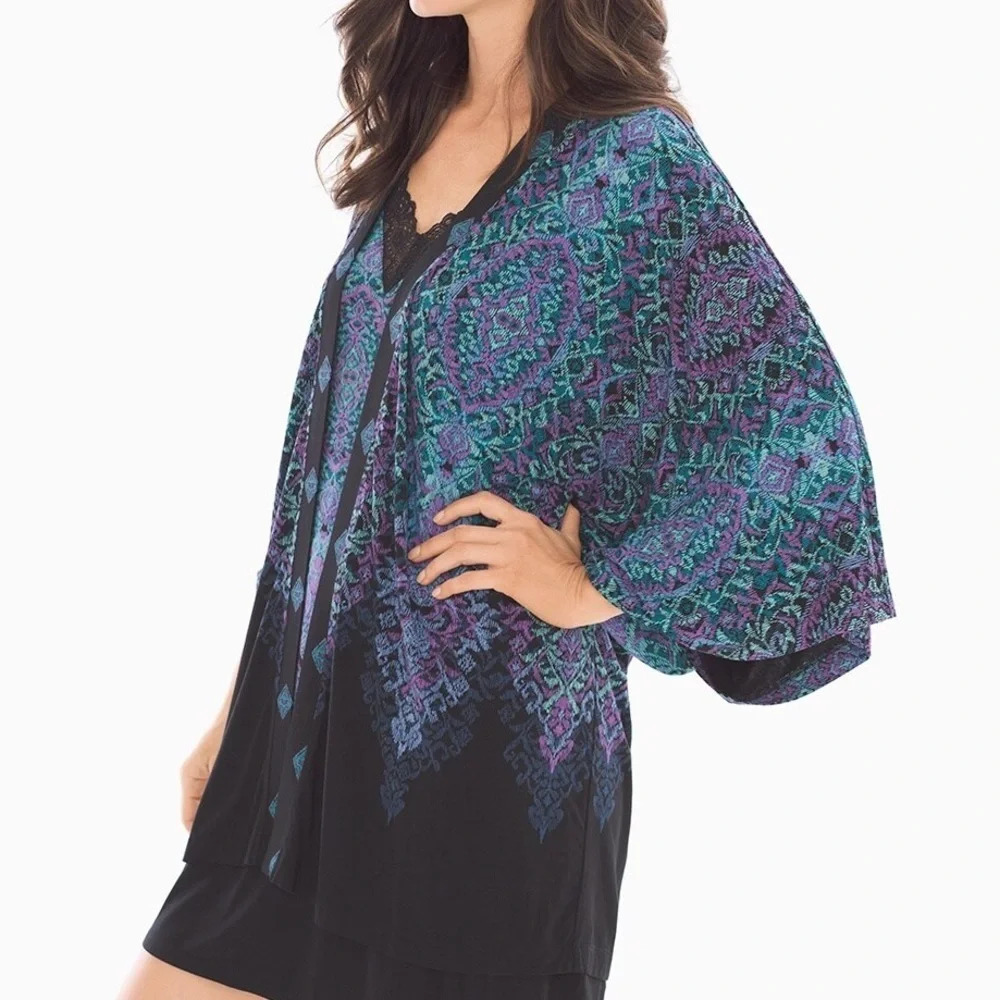Soma Cool Nights Kimono Pajama Wrap Fine Lace Grand Border Black S